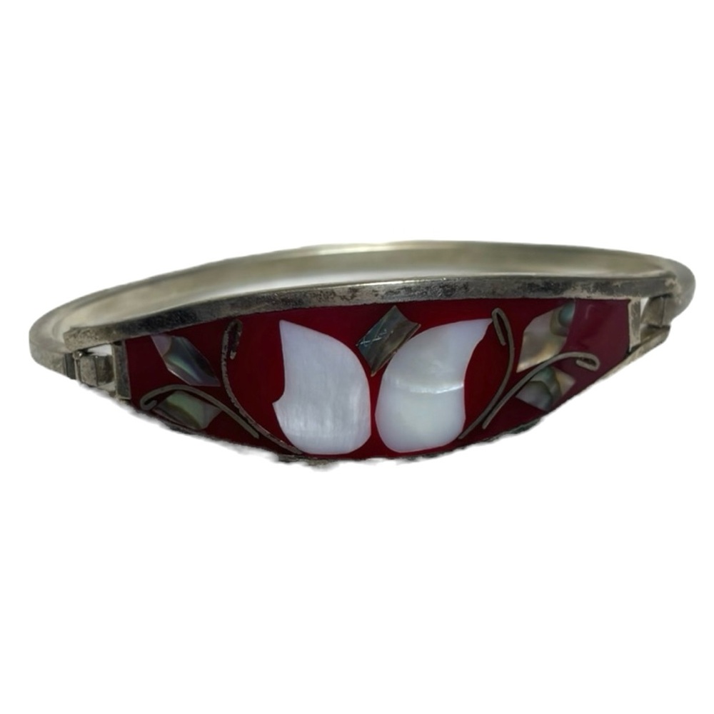 Vintage Alpaca Mexico Silver Black Abalone Flower Inlay Hinged Cuff Bracelet